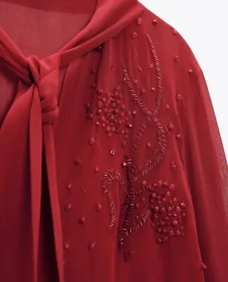 Zara  Ruby Red Embroidered Beaded Blouse  Size M Bnwt £89💐 • £29
