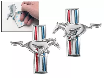 Ford Mustang Pony Running Horse Metal Tri Bar Emblems Fender Trunk Stick On Pair • $79.95