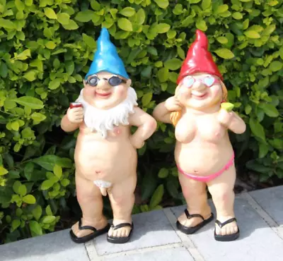 2 X 29cm Nudist Garden Gnomes Naughty Naked Standing Drinking Ornament Statue • $48.99
