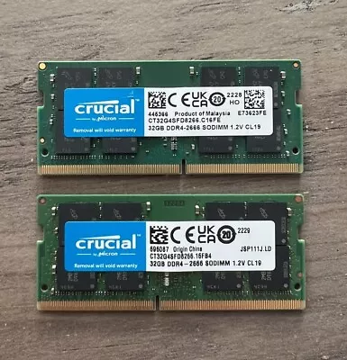 Crucial 64GB RAM Kit (2x32GB) DDR4-2666 SODIMM 1.2V CL19 2Rx8 CT32G4SFD8266 • £139.99
