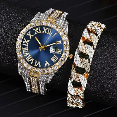 Mens Bling Luxury Silver Plated Out Diamond Hip Hop Iced Watch & Bracelet Set • £19.19