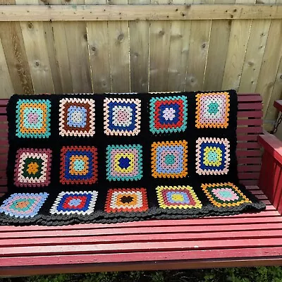 Vtg Roseanne Afghan Granny Square Core Crochet 48x66 Blanket Throw • $37.77