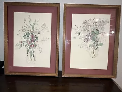 Mary Lou Goertzen Floral Litho Print 2 Wildflowers Mason Jar Framed Matted • $32