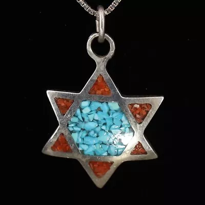 VTG Sterling Silver JEWISH Turquoise Coral Star Of David Pendant 16  Necklace 6g • $2.99