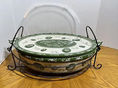 Temp-tations Hand Painted Gr Floral Lace 1.5 Q Oval Baker W/ Lid-It Tray & Stand • £20.90
