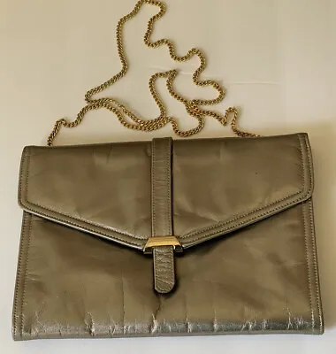 Vintage Morris Moskowitz Genuine Leather Pewter Metallic Clutch Gold Chain Strap • $19.99