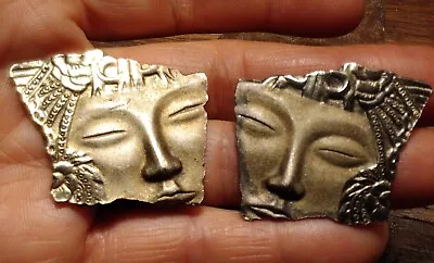 Vtg Flat Asymmetrical  Brass Tone Distressed Face Relief Sculpture Style Earring • $9.80