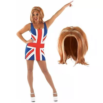 Womens Union Jack Girl Dress Costume + Ginger Wig S - L 90s Pop Star Fancy Dress • £26.99