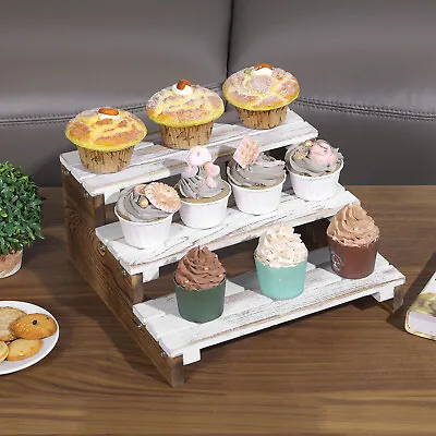£26.67 • Buy 3 Tier Rustic Cupcake Stand Slated Whitewashed Wood Platforms W/ Burnt Wood Base