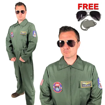 Mens Flight Suit Top Aviator Costume Gun Pilot Flying Uniform Fancy Dress 1980s • $23.62