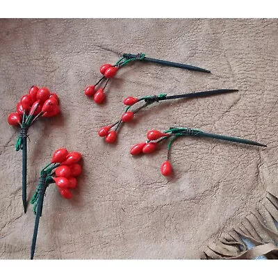 Vintage Asian Lacquered Red Berry Clusters Hand Wired Wrapped On Mini Stakes 7 P • $33.75