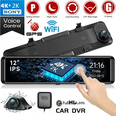 4K 12  Dash Cam Mirror GPS WiFi Car Rear View Backup Dual Camera IR Night Vision • $90.29