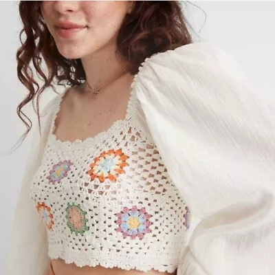 Aerie Floral Crochet Granny Square Crop Top Size Medium • $22.99