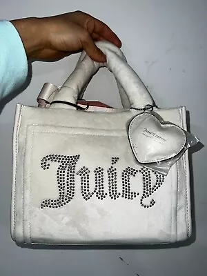 Juicy Couture Womens White Angel Rhinestones Extra Spender Mini Velour Tote Bag • $44