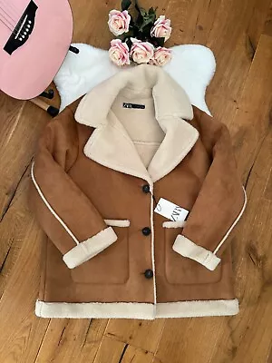 ZARA DOUBLE FACED SHEARLING JACKET 2023 DARK CAMEL COAT POCKETS 6318/257 Size XL • $110.66