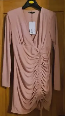 Zara New With Tags Light Dusty Pink Rouched Long Sleeve Midi Dress Large  • £7.99