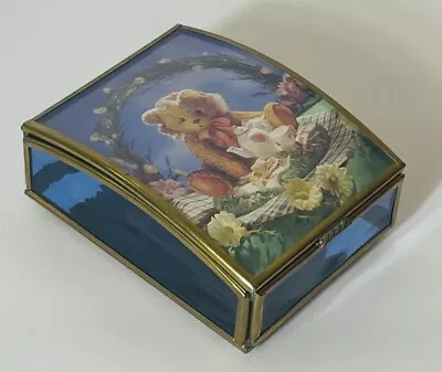 Via Vermont Trinket Box Teddy Bear Heart Tea Party Blue Tinted Glass And Brass • $17.24