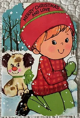 Unused Christmas Boy Dog Puppy Love Play Snow Vtg Greeting Card 1960s 1970s • $3.99