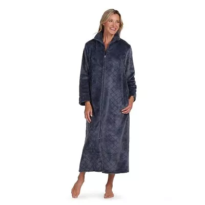 MISS ELAINE Long Sleeve Plush Fleece Zip Front Robe Storm Grey Large L • $44.99