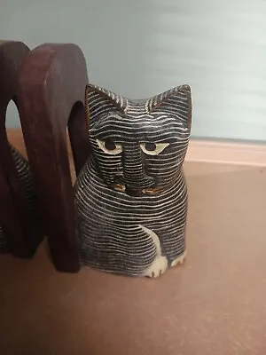 Vintage Black And White Striped Cat Carved Wood Bookends • $22