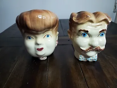  Two 1950's Glazed Ceramic Aunt Bea & Tom Mayberry Rfd  Head Vase Wall Pockets   • $32.99