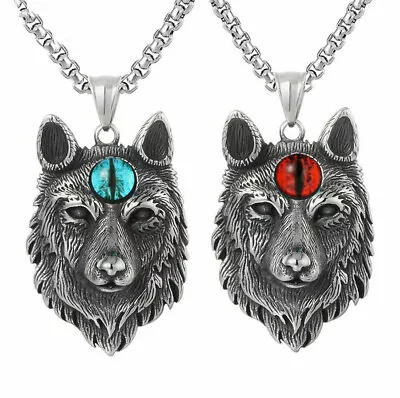 Mens Spiritual Evil Eye Wolf Head Pendant Necklace Stainless Steel Chain Gift • $7.99