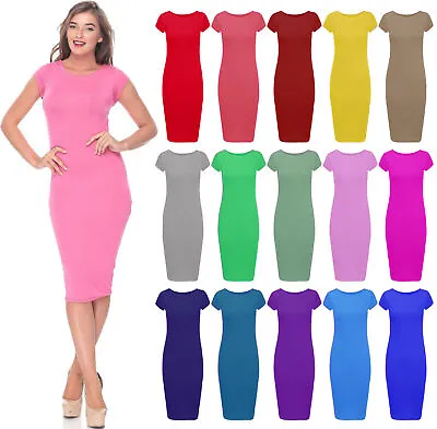 £7.99 • Buy Womens Ladies Summers Short Sleeve Midi Dress Stretch Bodycon Plain Jersey Maxi