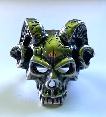 Alchemy Gothic Hell's Doorman Ram Horns Rock N Roll Skull Face Ring Size 9.5 • $70