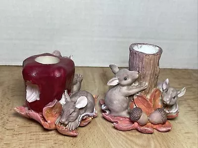 2 Vintage Resin Apple & Tree Candle Holder Animal Mice Figurine Home Decoration • $34.98