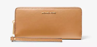 Michael Kors Jet Set Travel Large Leather Continental Wristlet Wallet Brown • $59.99