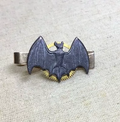 Steampunk Tie Clip- Upcycled Vintage Tie Clip W/ Bat & Clock Gear • $15