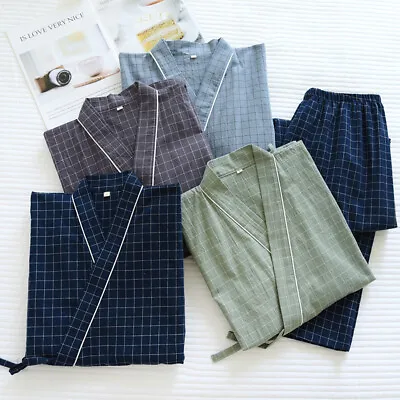 Men Japanese Kimono Pajama Set Long Pants Checked Cotton Sleepwear Nightwear • $24.10
