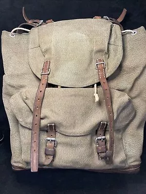 Vintage Swiss Army Military Mountain Backpack Salt&Pepper  Leather Canvas 1955 • $230