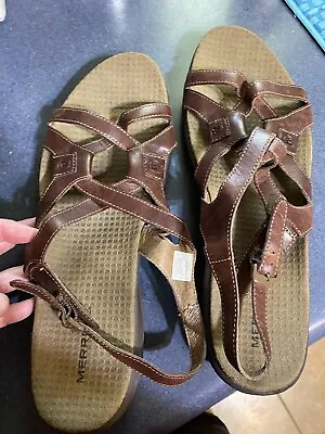 MERRELL Agave Brown Leather Sandals Womens Size 11 Strappy Outdoor Activewear • $16.99