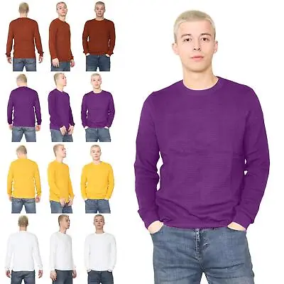 Mens Stretchy Crew Neck Long Sleeve Patterned-Knit Pullover Sweater Jumper Top • £6.99