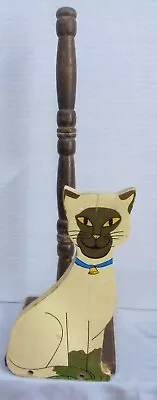 Vintage Retro Wooden Cat Kitty Siamese Yellow Brown Standing Toilet Paper Holder • $23.88