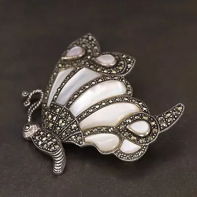 Sterling Silver DESIGNER White MOP & Marcasite Butterfly Insect Brooch Pin - 16g • $2.99