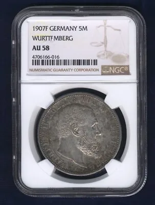 Germany Wurttemberg Wilhelm Ii 1907-f  5 Mark Silver Coin Ngc Certified Au58 • $265