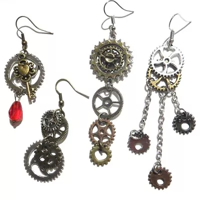 STEAMPUNK GEAR EARRINGS Silver Bronze Red Skeleton Key Clockwork Pendant Hook 6G • $7.49