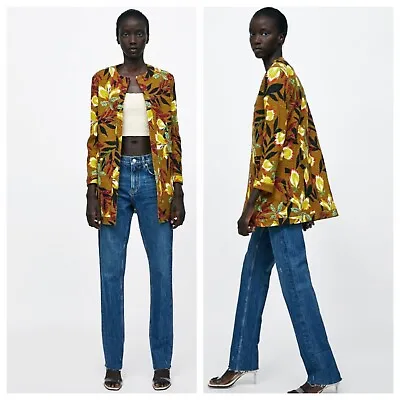 NWOT ZARA BASIC Womens Large Mustard Tropical Floral Printed Coat Blazer Jacket • $80