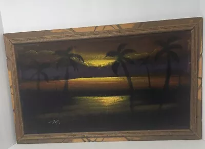 Signed Vintage Mexican Velvet Painting Water Island Scene 1970s Sunset Tropical • $125