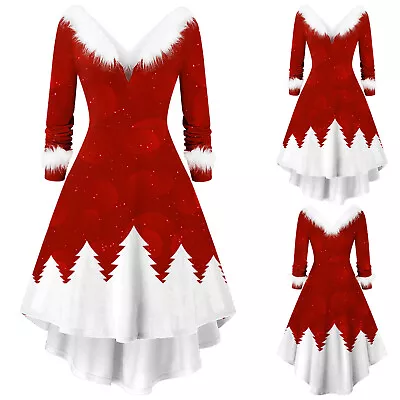 Women Christmas Faux-Plush Panel Long Sleeve V Collar Asymmetrical  Party Dress • $37.32