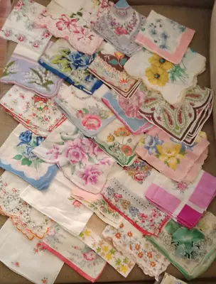 LOT Of 35 VINTAGE HANDKERCHIEFS Assorted Printed Floral 1 Label 4 Spots 2 Holes • $45.95