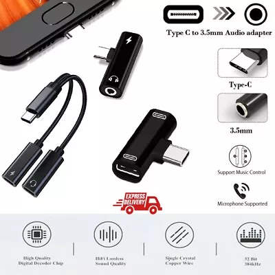 3.5mm Aux Charge Adapter Splitter Cable Earphone Type-C Dual 2in1 Convertor Port • £2.75