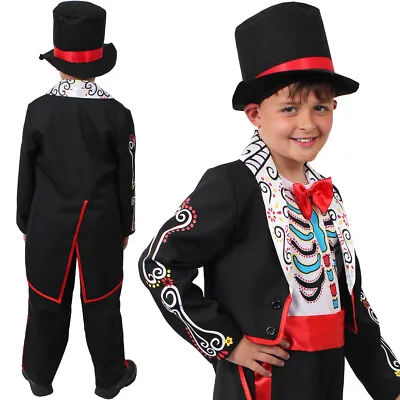 Boys Halloween Day Of The Dead Sugar Skull Costume Scary Kids Suit Fancy Dress • £12.99