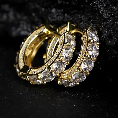 Men's Yellow Gold Plated Sterling Silver Fully Iced CZ Elegant Hoop Earrings • $24.99