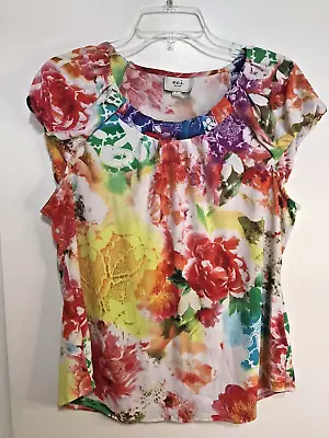 Eci New York Women's Size L Colorful Abstract Floral Print Top • $12