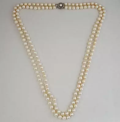 Vintage 14k White Gold Knotted Double Strand Cultured White Pearl Bead Necklace • $158.50