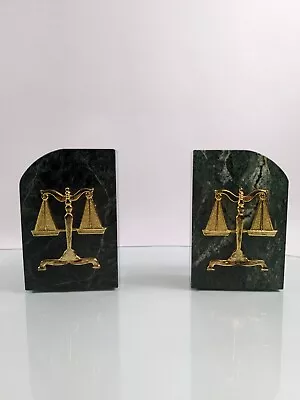 Pair Of Vintage Green Marble Book Ends Adorned With Brass Scales Of Justice • $70