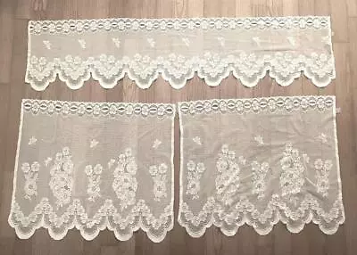 ~ Lace Valance & Tier Window Curtain Floral Butterflies Off White Ivory ~ • $7.99